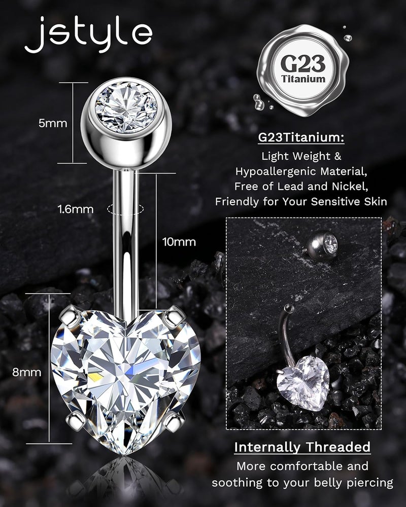 Jstyle G23 Titanium Dangle Belly Button Rings for Women 14G Internally Threaded Belly Ring Dangling Piercing Jewelry with Heart Butterfly CZ Hypoallergenic Navel Piercing Ring - Image 3